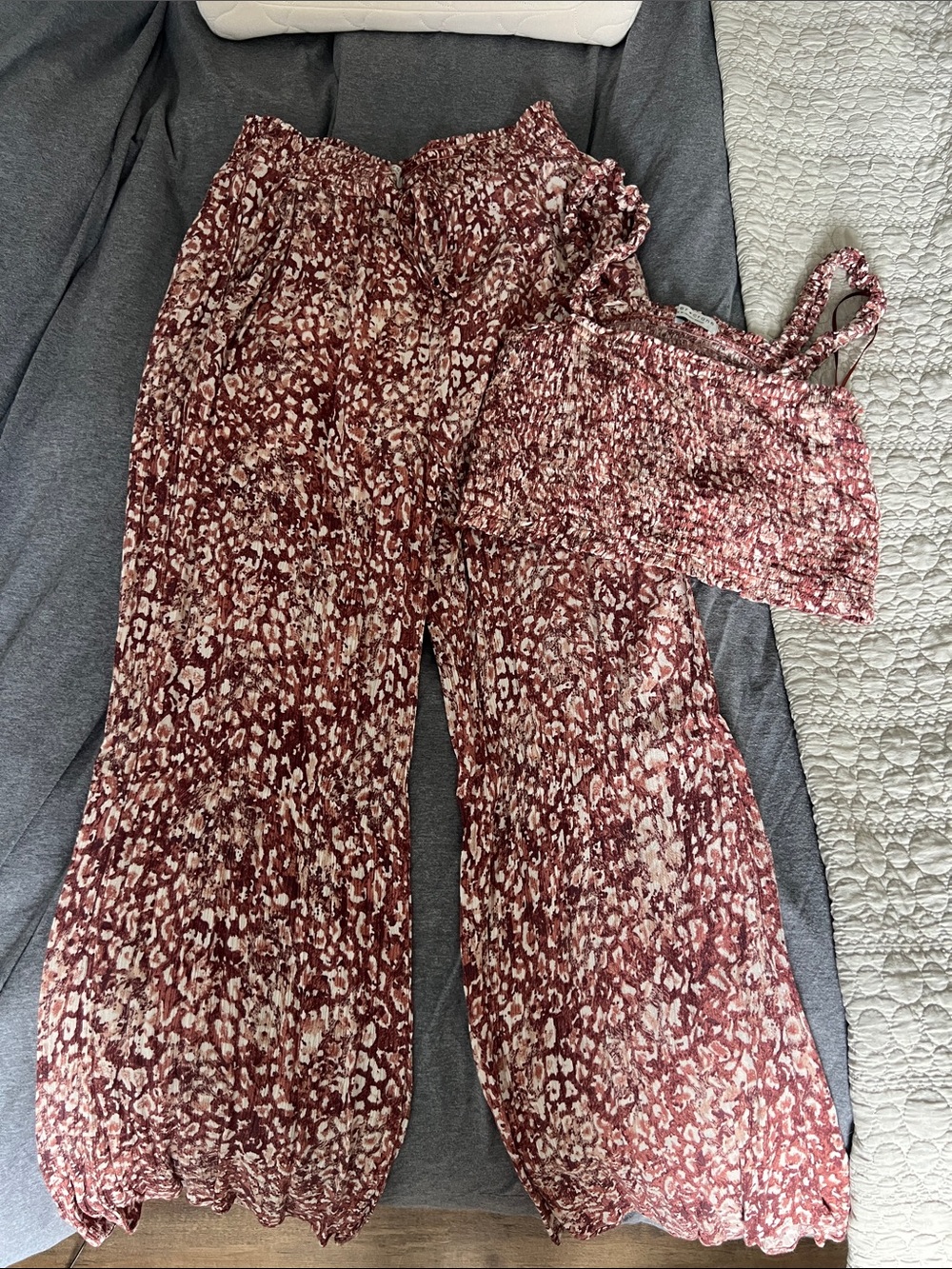 Two piece matching set with crop top and wide leg pants. Size medium